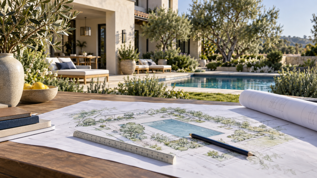 Pool design plans on a table overlooking a residential swimming pool.