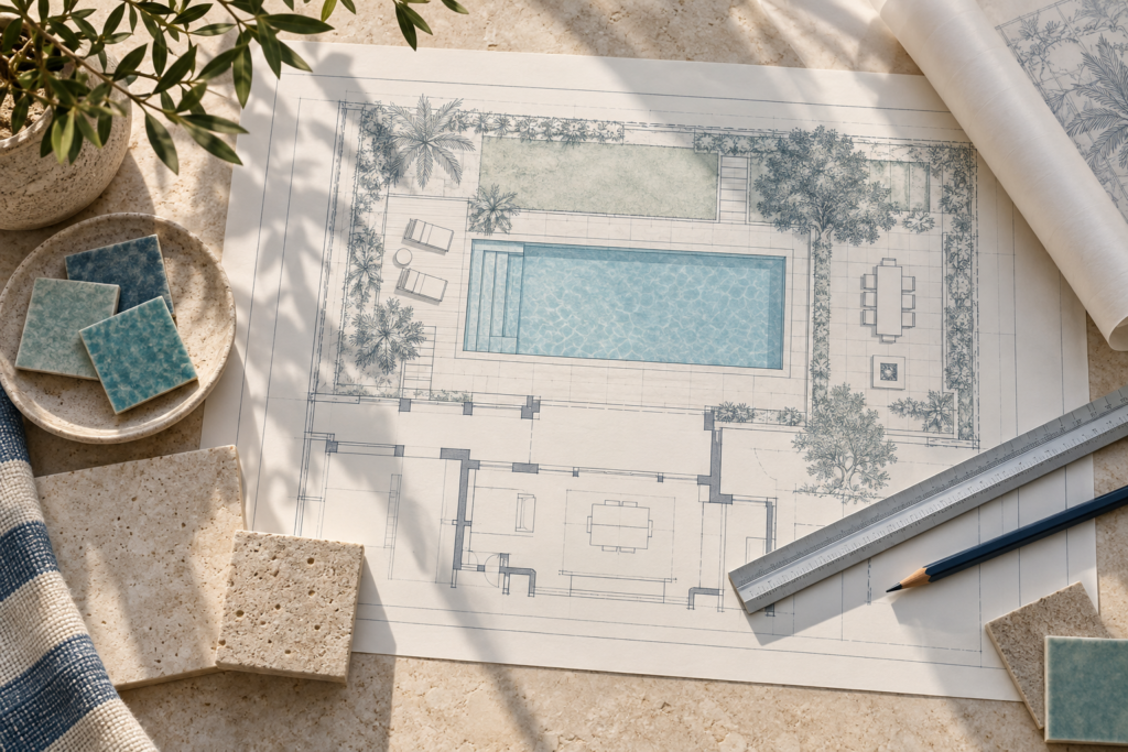 Texto alternativo: Swimming pool design plans with tile samples, a ruler, and a pencil.